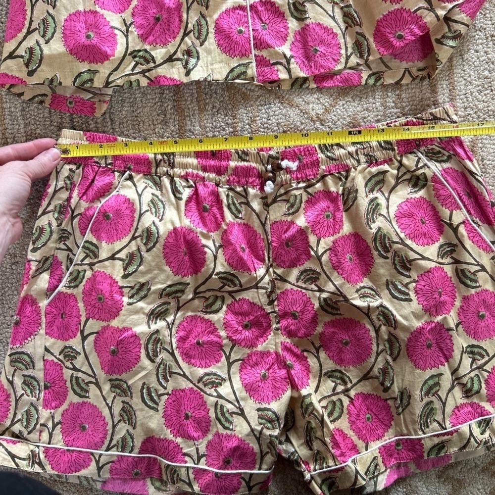 Cotton Floral Pajama Set Pink Block Print Shorts Loungewear Pockets Amranis M - Picture 7 of 13